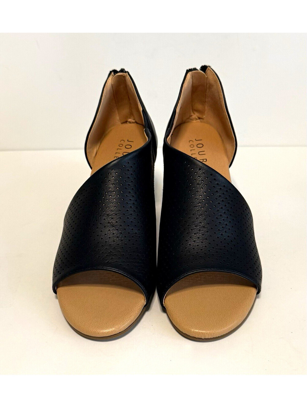 Journee Collection Aretha Black Perforated Peep Toe Wedge Sandals Women's 6.5